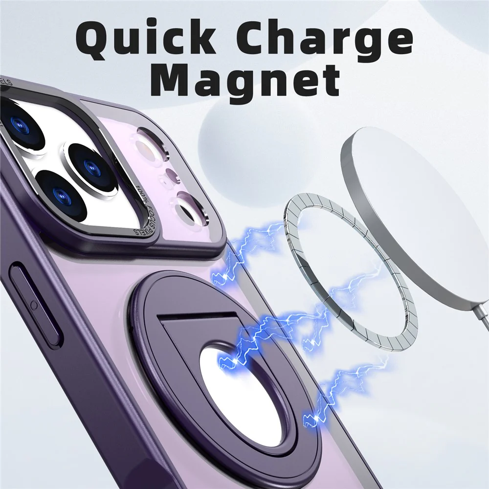 For iPhone 17 Pro Max Clear Back Case Rotating Kickstand TPU + PC Phone Cover Compatible with MagSafe - Purple - Image 2