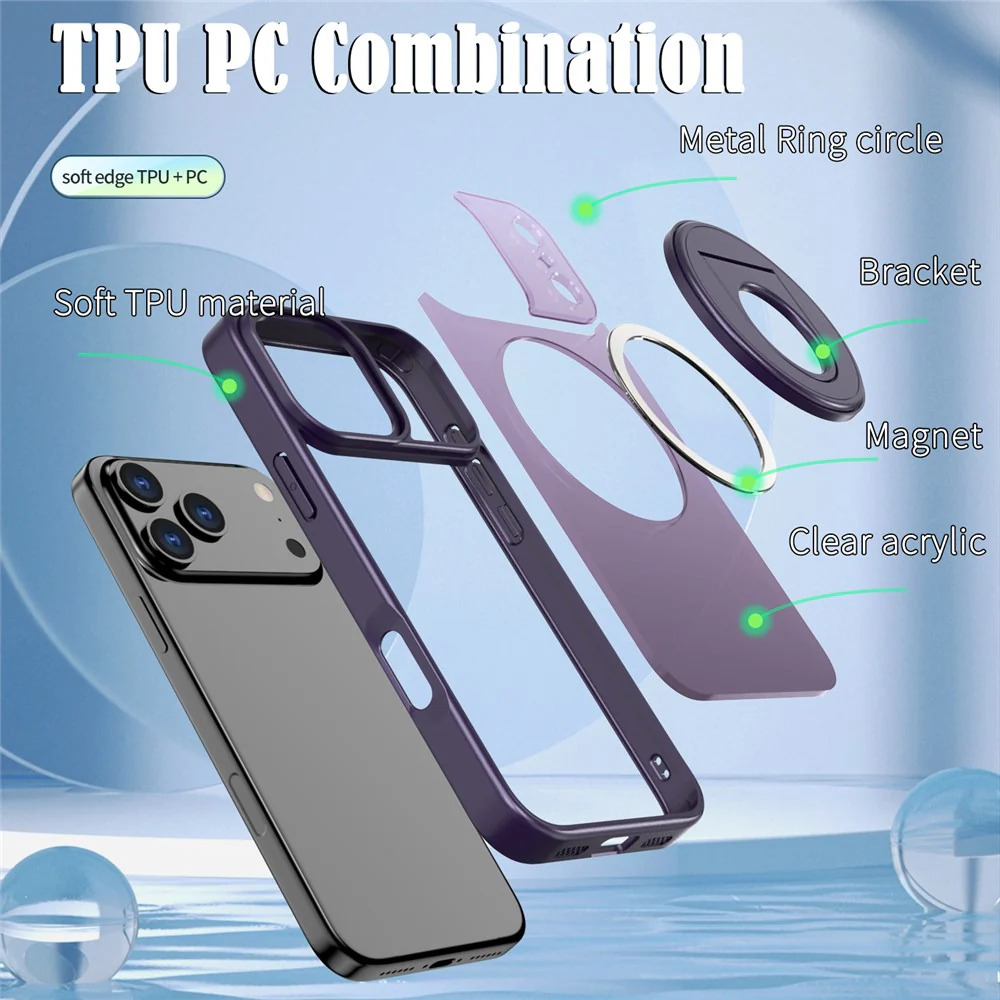 For iPhone 17 Pro Max Clear Back Case Rotating Kickstand TPU + PC Phone Cover Compatible with MagSafe - Purple - Image 6