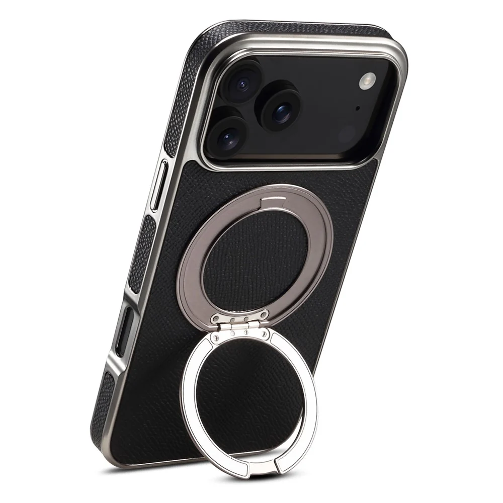 For iPhone 17 Pro Max Kickstand Case Genuine Cow Leather Back Cover Compatible with MagSafe - Black - Image 3