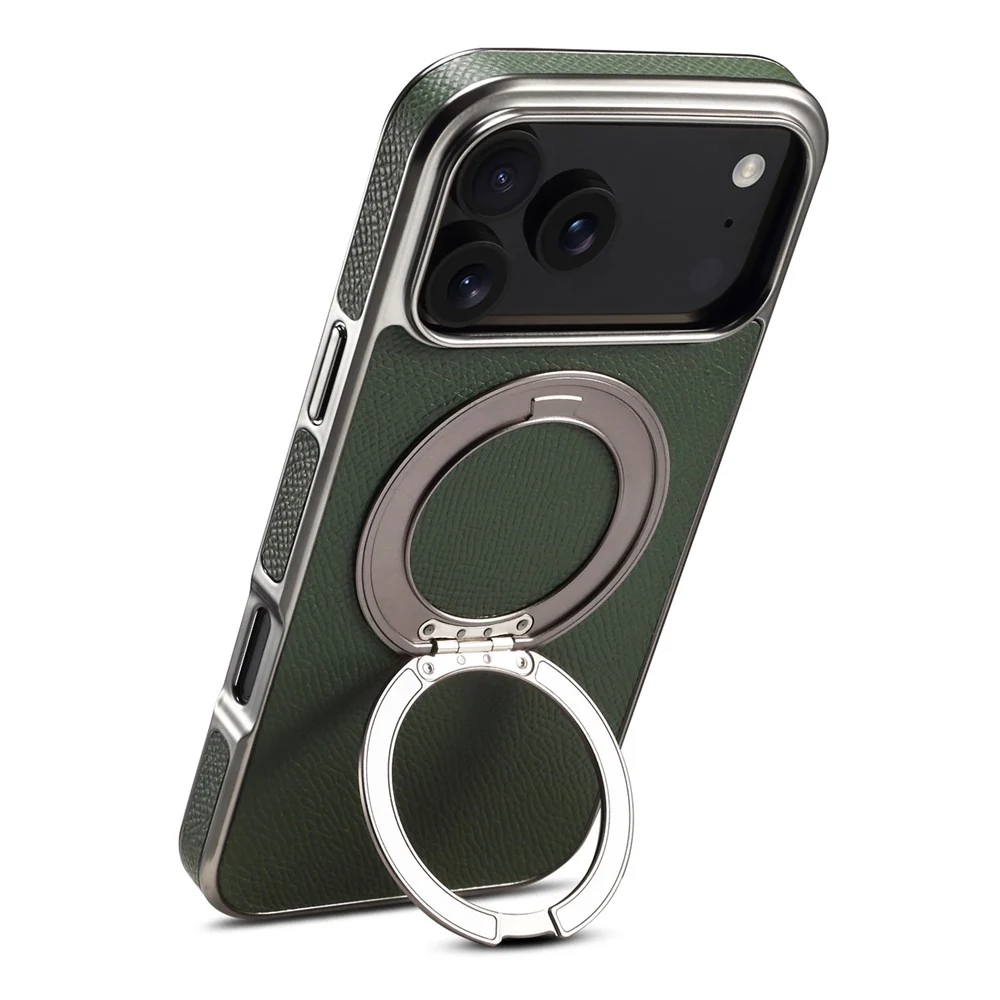 For iPhone 17 Pro Max Kickstand Case Genuine Cow Leather Back Cover Compatible with MagSafe - Green - Image 3