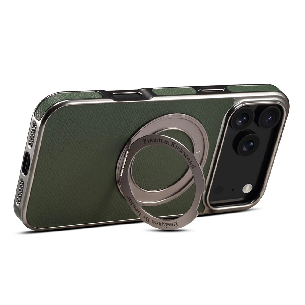 For iPhone 17 Pro Max Kickstand Case Genuine Cow Leather Back Cover Compatible with MagSafe - Green - Image 4