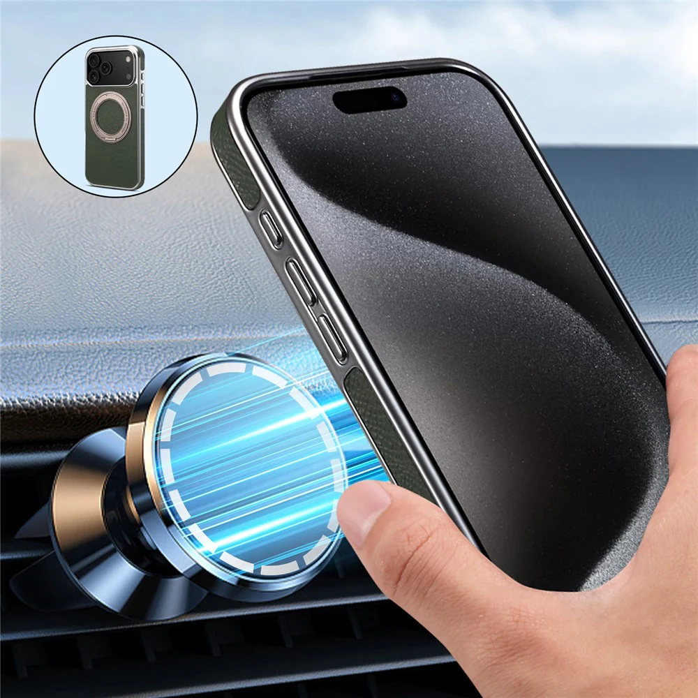 For iPhone 17 Pro Max Kickstand Case Genuine Cow Leather Back Cover Compatible with MagSafe - Green - Image 8