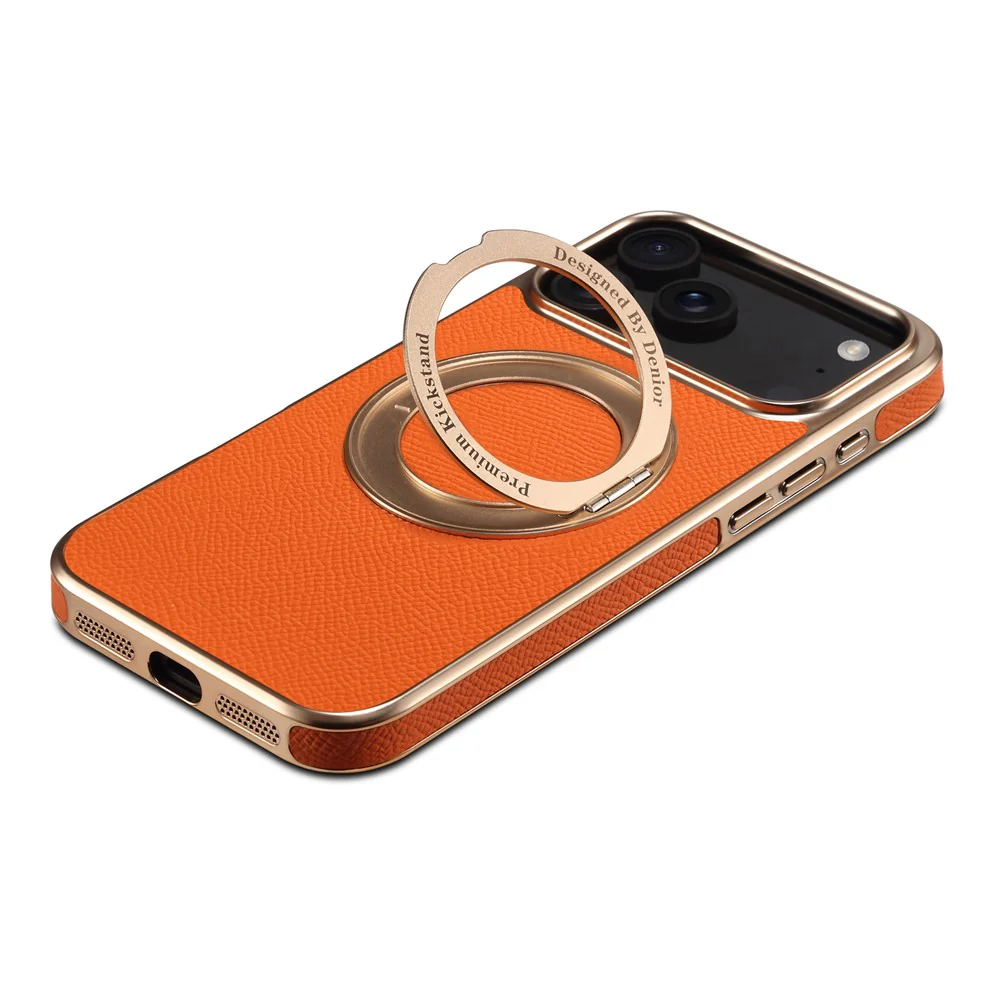 For iPhone 17 Pro Max Kickstand Case Genuine Cow Leather Back Cover Compatible with MagSafe - Orange - Image 5
