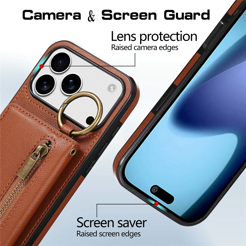 For iPhone 17 Pro Max Leather Back Cover Zipper Wallet Kickstand Phone Case with Shoulder Strap - Brown - Image 5