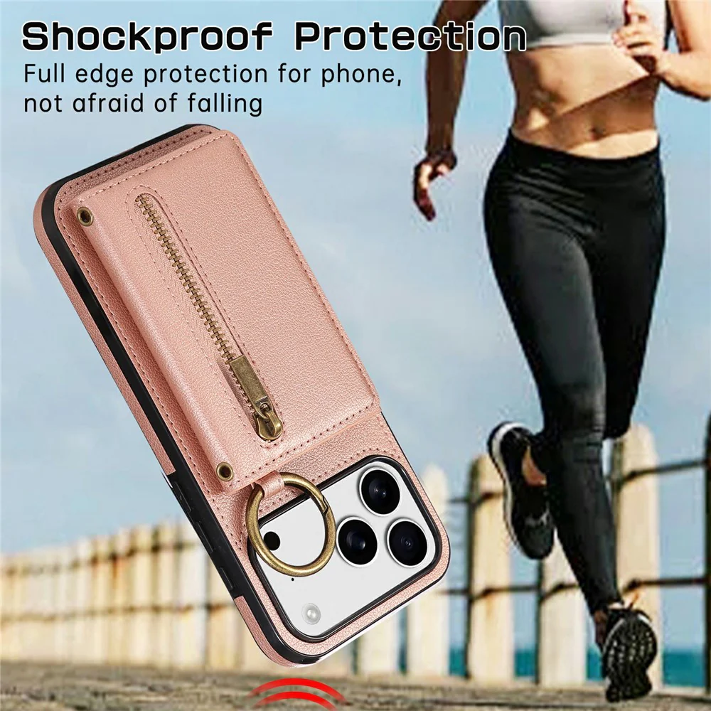 For iPhone 17 Pro Max Leather Back Cover Zipper Wallet Kickstand Phone Case with Shoulder Strap - Pink - Image 6