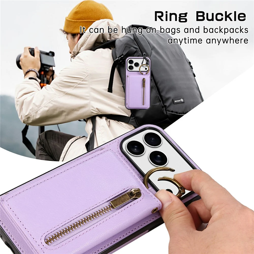 For iPhone 17 Pro Max Leather Back Cover Zipper Wallet Kickstand Phone Case with Shoulder Strap - Purple - Image 8