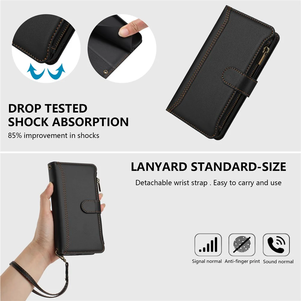 For iPhone 17 Pro Max Leather Case 9 Card Slots Zipper Wallet Stand Phone Cover with Wrist Strap - Black - Image 8