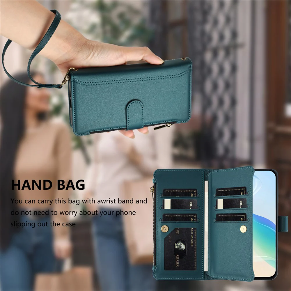 For iPhone 17 Pro Max Leather Case 9 Card Slots Zipper Wallet Stand Phone Cover with Wrist Strap - Dark Green - Image 6
