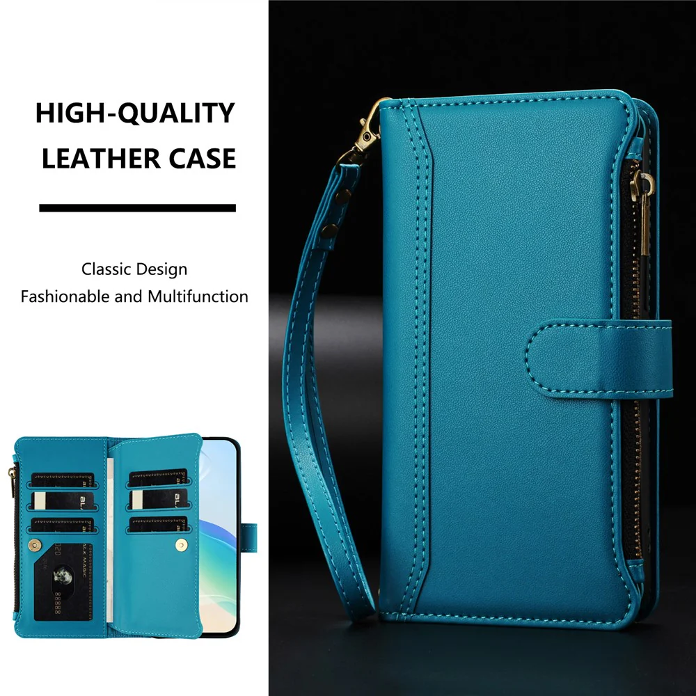 For iPhone 17 Pro Max Leather Case 9 Card Slots Zipper Wallet Stand Phone Cover with Wrist Strap - Lake Blue - Image 5