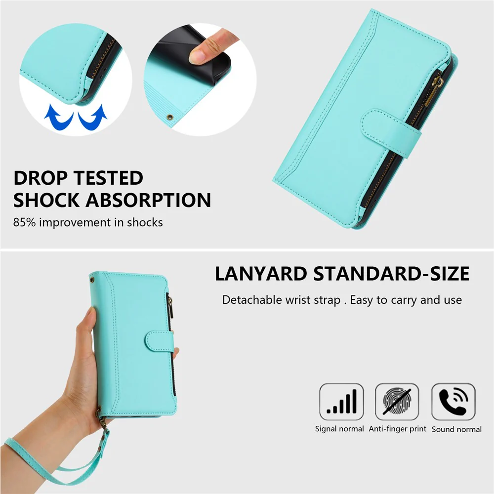 For iPhone 17 Pro Max Leather Case 9 Card Slots Zipper Wallet Stand Phone Cover with Wrist Strap - Mint Green - Image 8