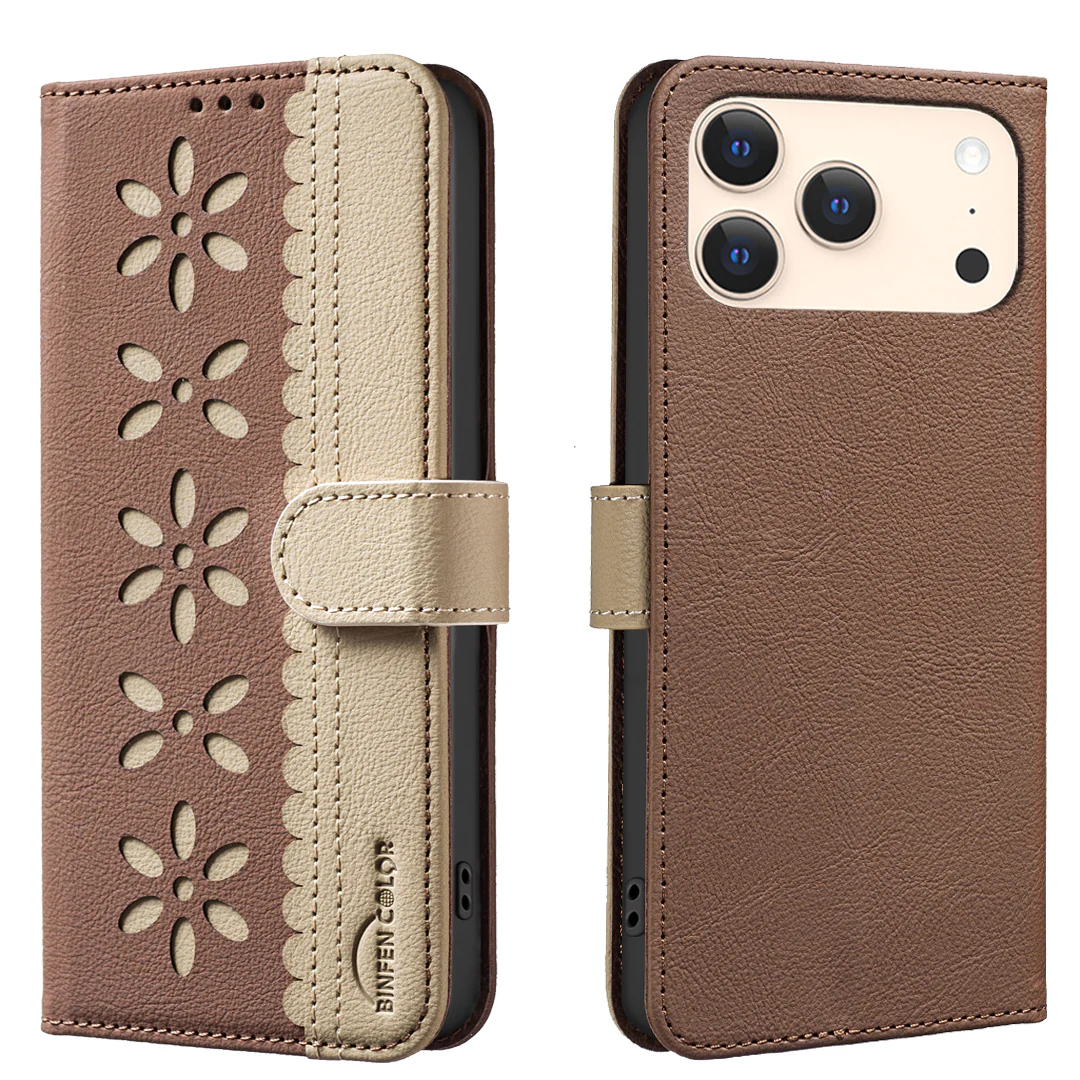 For iPhone 17 Pro Max Leather Case BINFEN COLOR BF36 Floral Pattern Phone Cover RFID Blocking Wallet Stand - Brown