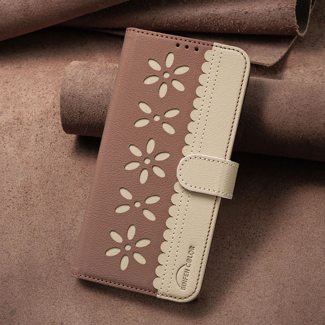 For iPhone 17 Pro Max Leather Case BINFEN COLOR BF36 Floral Pattern Phone Cover RFID Blocking Wallet Stand - Brown - Image 6