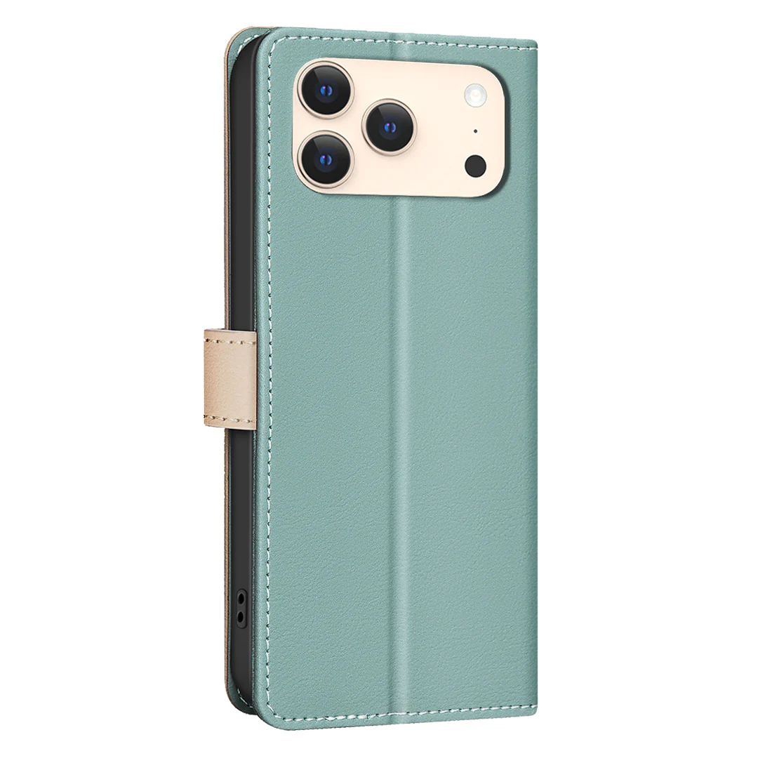 For iPhone 17 Pro Max Leather Case BINFEN COLOR Splicing Color RFID Blocking Wallet Stand Phone Cover - Green - Image 3