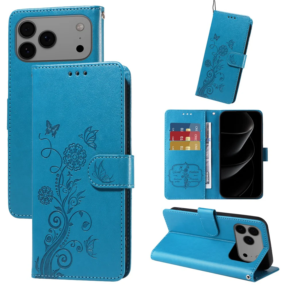 For iPhone 17 Pro Max Leather Case Butterfly Floral Imprint Wallet Stand Cover - Blue - Image 2