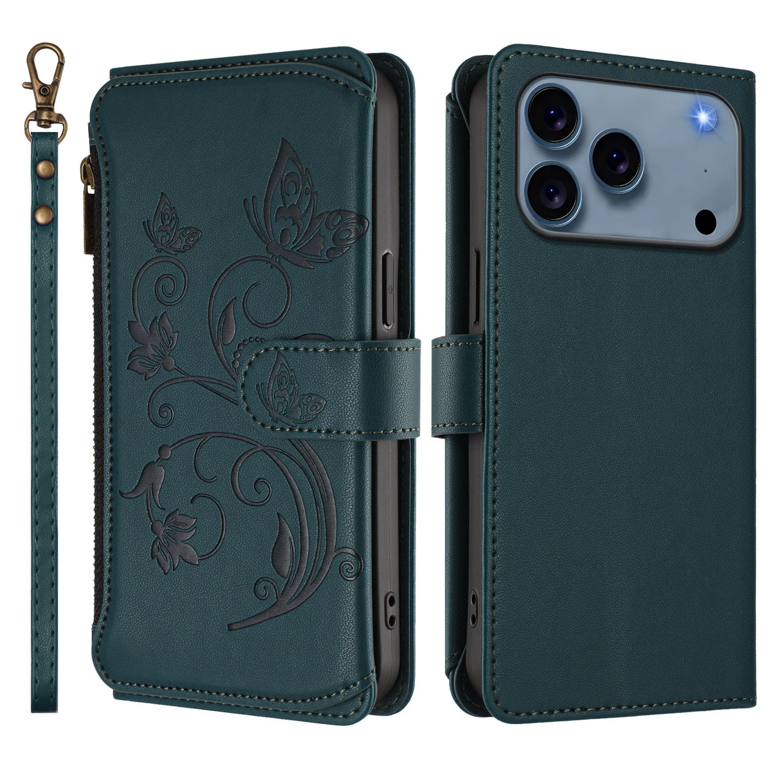 For iPhone 17 Pro Max Leather Case Butterfly Floral Imprint Zipper Wallet Stand Cover with Wrist Strap - Green - Image 2
