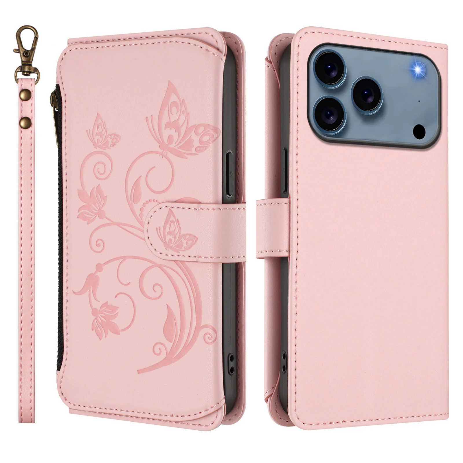 For iPhone 17 Pro Max Leather Case Butterfly Floral Imprint Zipper Wallet Stand Cover with Wrist Strap - Pink - Image 2