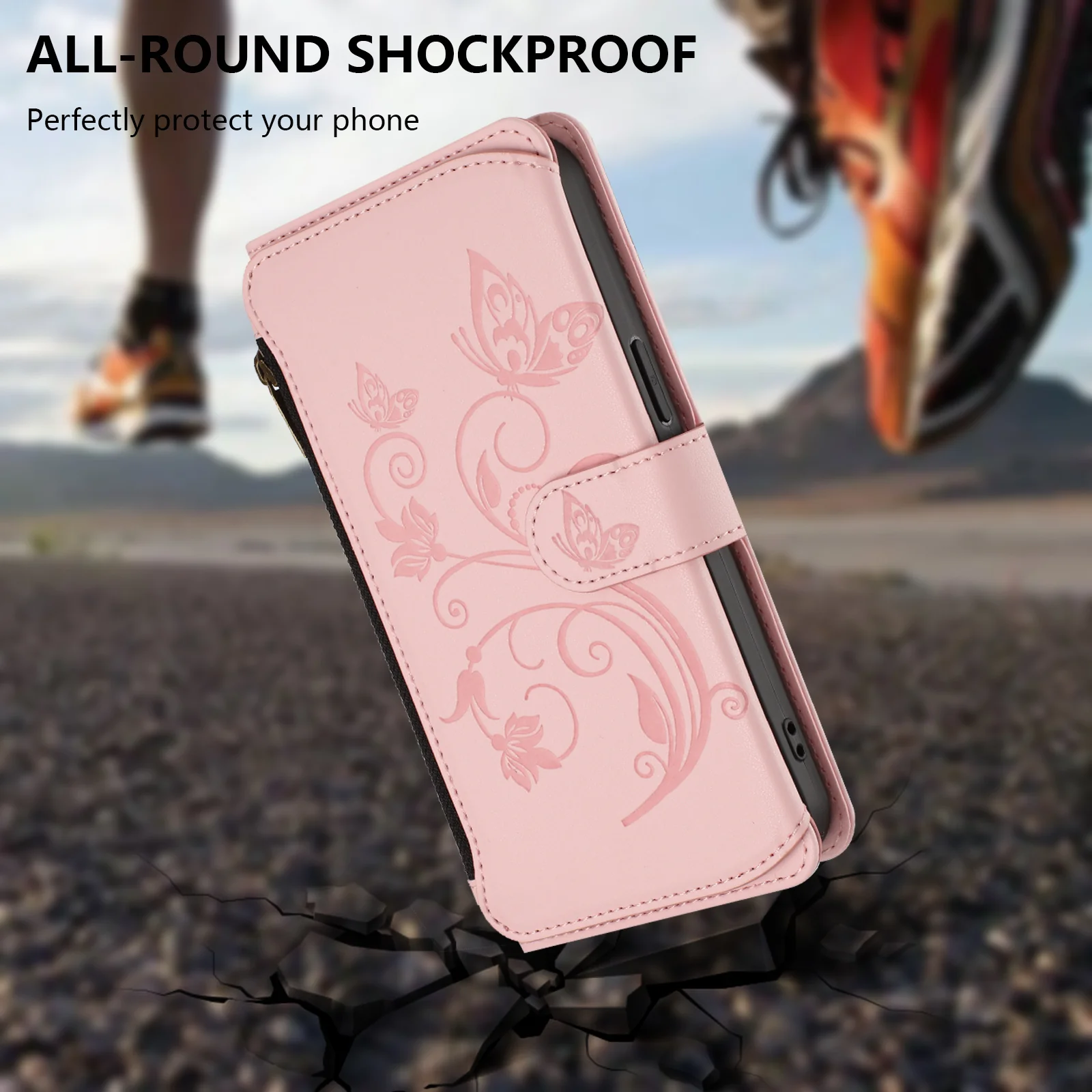For iPhone 17 Pro Max Leather Case Butterfly Floral Imprint Zipper Wallet Stand Cover with Wrist Strap - Pink - Image 8