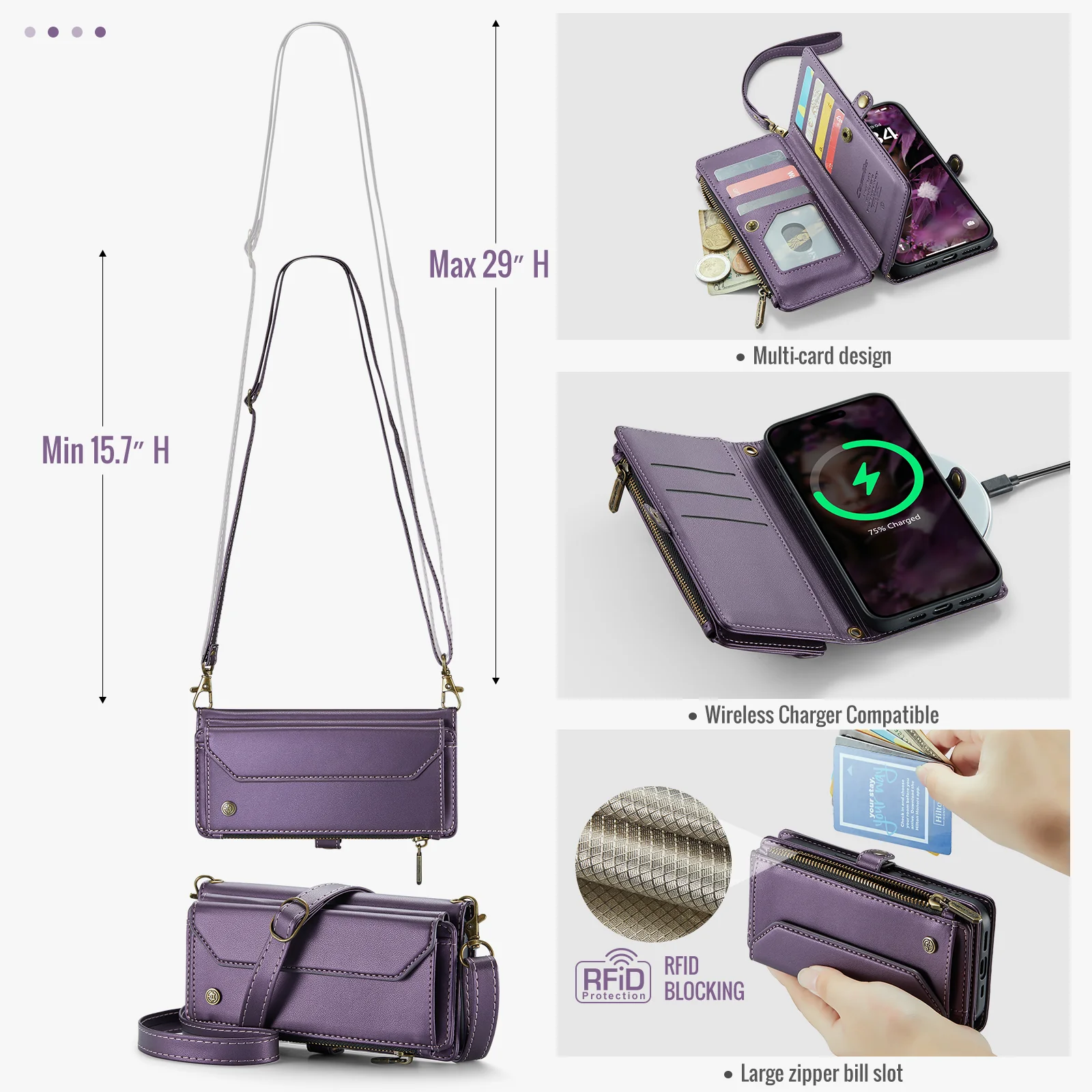 For iPhone 17 Pro Max Leather Case CASEME C36 Zipper 10 Card Slots Phone Cover with Straps - Purple - Image 3