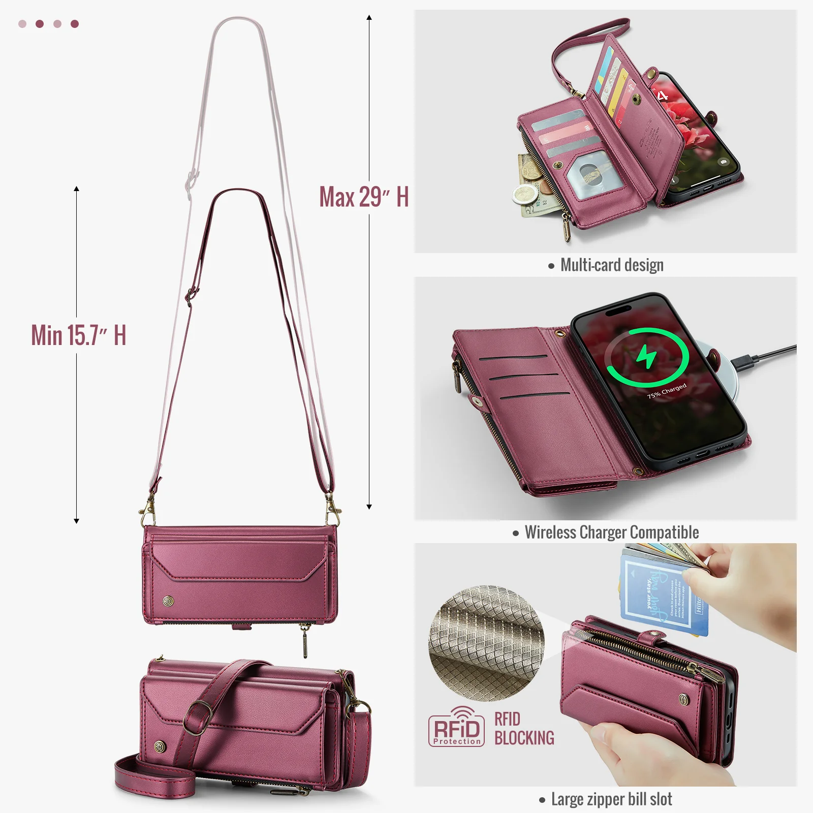 For iPhone 17 Pro Max Leather Case CASEME C36 Zipper 10 Card Slots Phone Cover with Straps - Red - Image 3