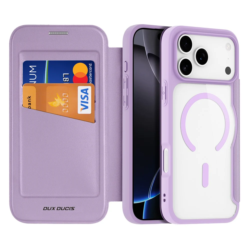 For iPhone 17 Pro Max Leather Case DUX DUCIS Skin X Pro Series Flip Cover Compatible with MagSafe - Purple Pink - Image 2