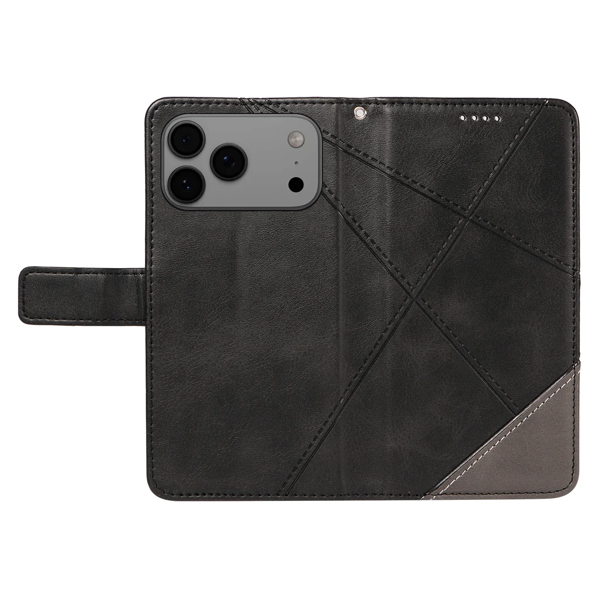 For iPhone 17 Pro Max Leather Case Geometric Line Design Wallet Phone Cover with Wrist Strap - Black - Image 3