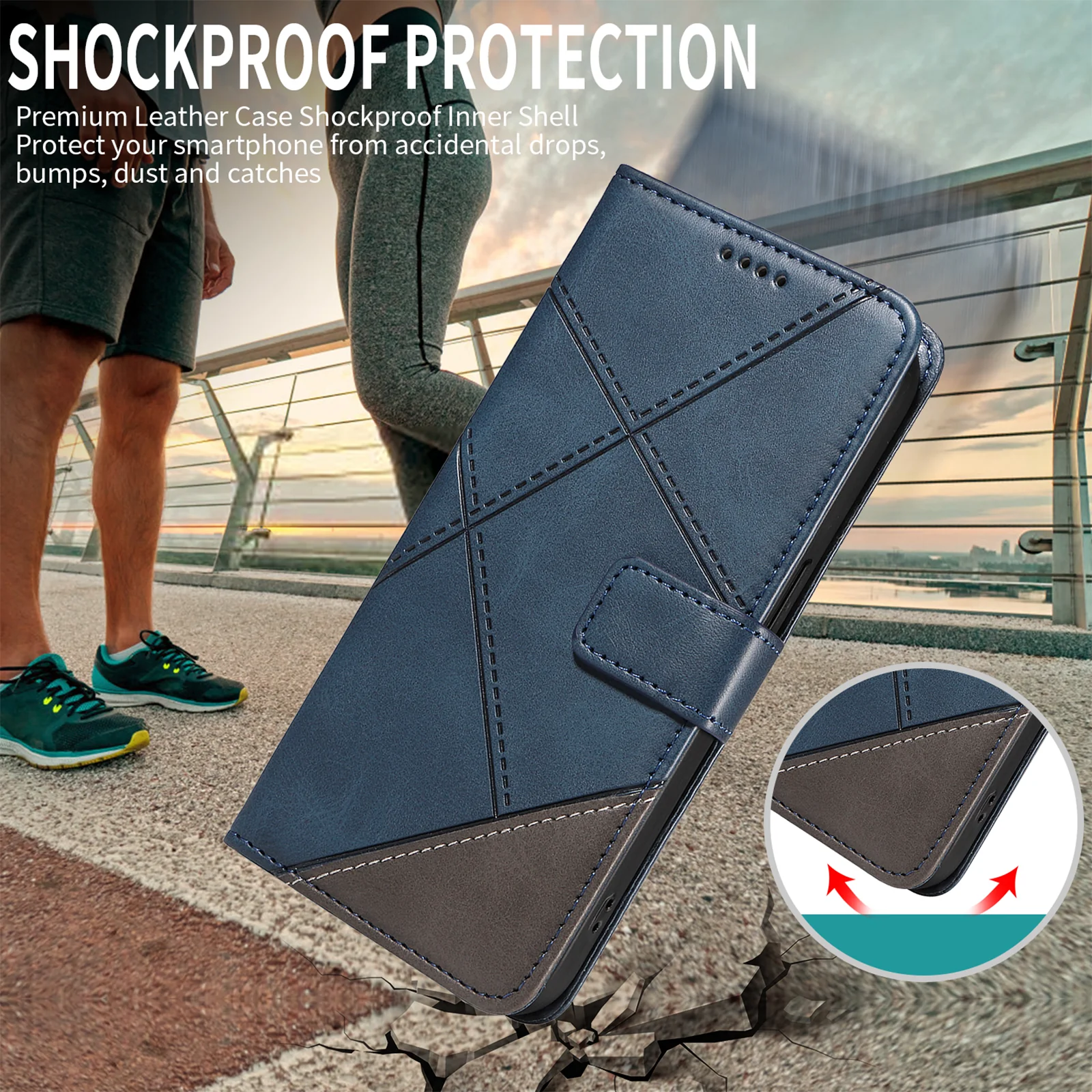For iPhone 17 Pro Max Leather Case Geometric Line Design Wallet Phone Cover with Wrist Strap - Blue - Image 4