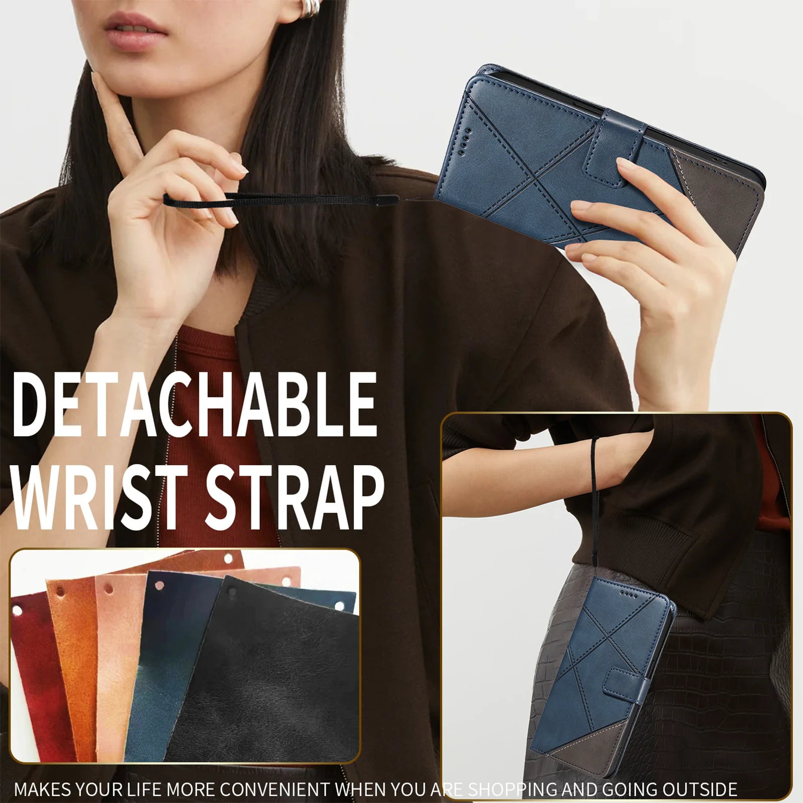 For iPhone 17 Pro Max Leather Case Geometric Line Design Wallet Phone Cover with Wrist Strap - Blue - Image 5