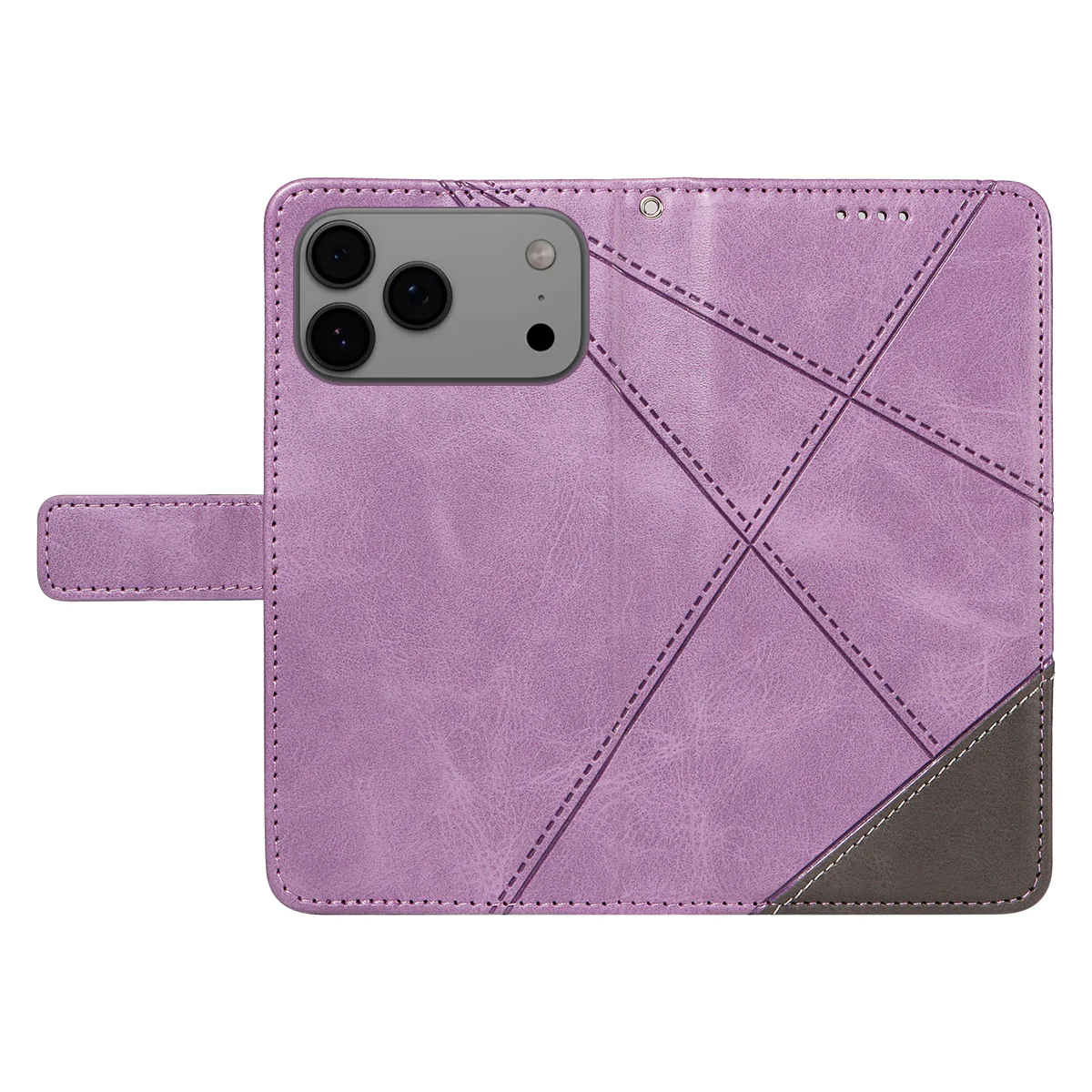 For iPhone 17 Pro Max Leather Case Geometric Line Design Wallet Phone Cover with Wrist Strap - Purple - Image 3