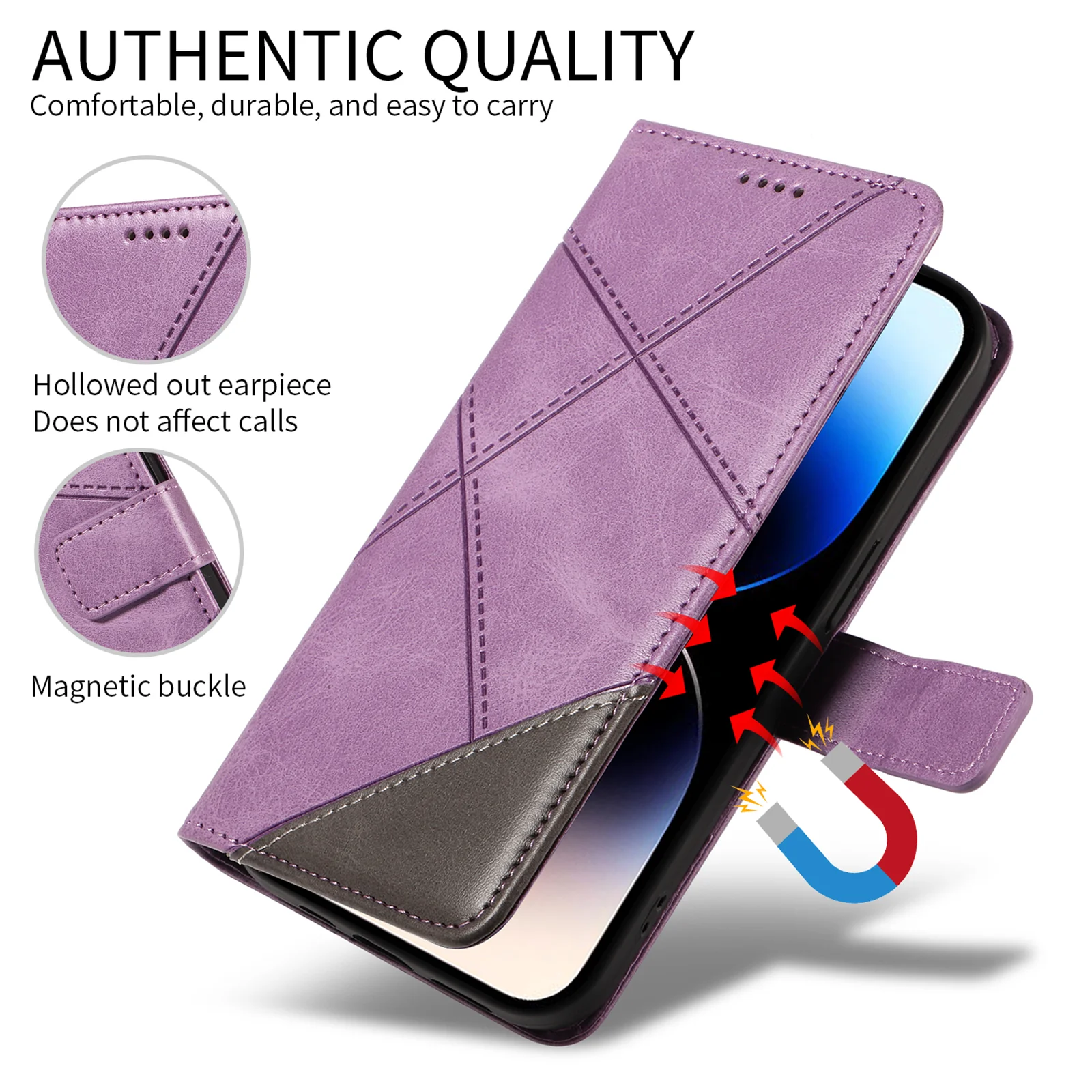 For iPhone 17 Pro Max Leather Case Geometric Line Design Wallet Phone Cover with Wrist Strap - Purple - Image 4