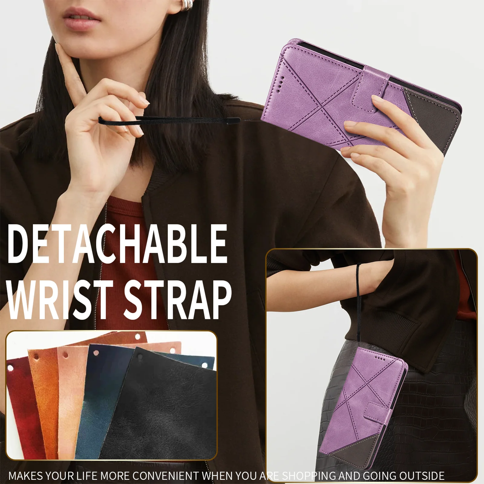 For iPhone 17 Pro Max Leather Case Geometric Line Design Wallet Phone Cover with Wrist Strap - Purple - Image 5