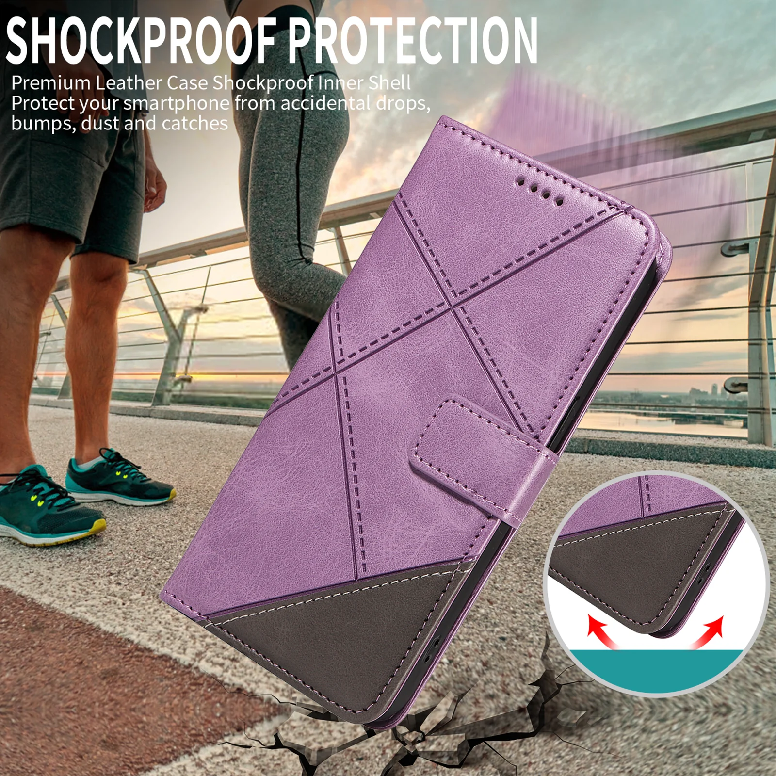 For iPhone 17 Pro Max Leather Case Geometric Line Design Wallet Phone Cover with Wrist Strap - Purple - Image 6