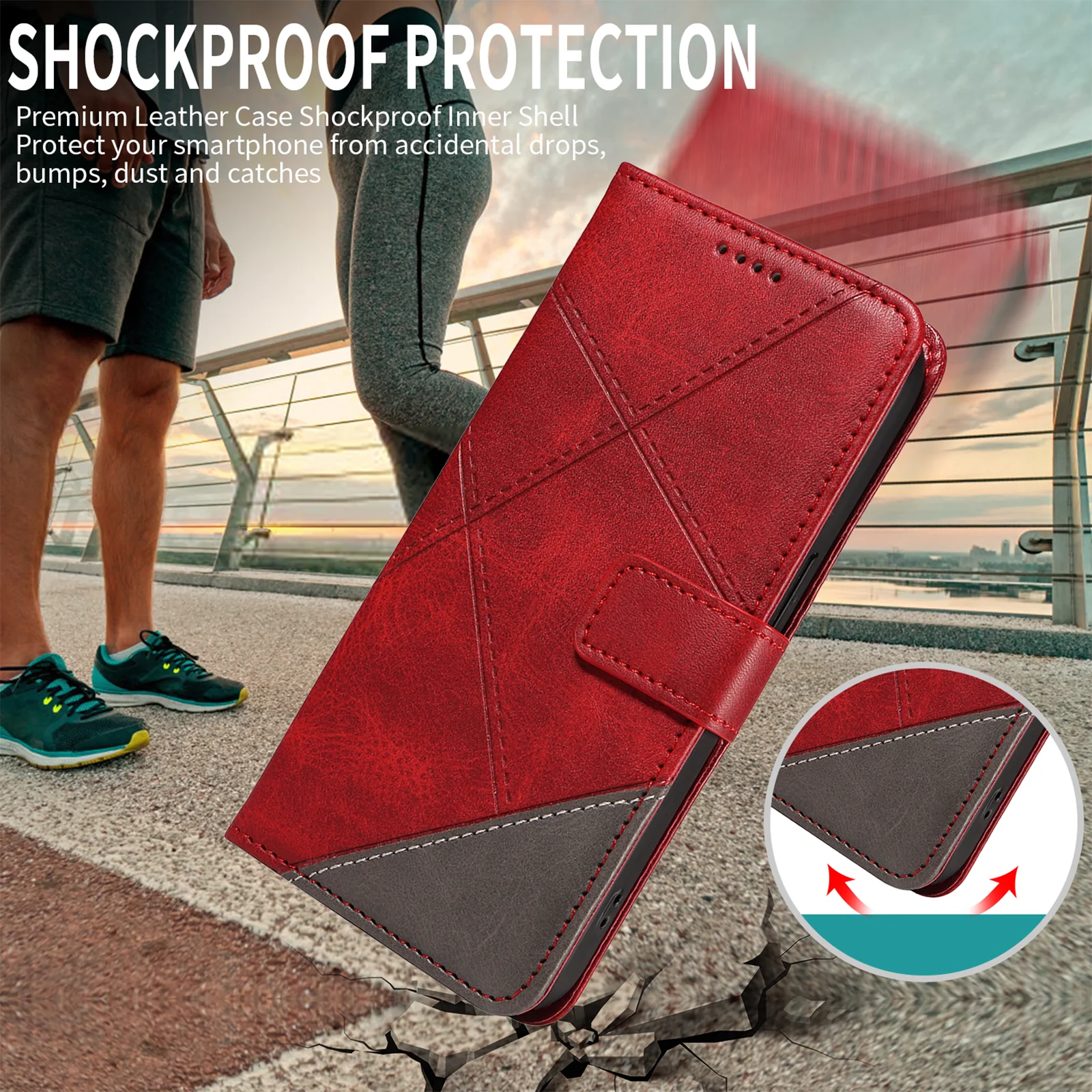 For iPhone 17 Pro Max Leather Case Geometric Line Design Wallet Phone Cover with Wrist Strap - Red - Image 4