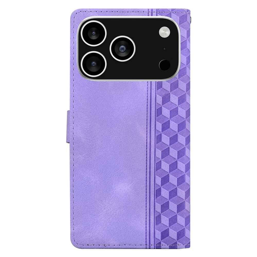 For iPhone 17 Pro Max Leather Case Imprinted Checkered Pattern Wallet Stand Flip Phone Cover - Purple - Image 5