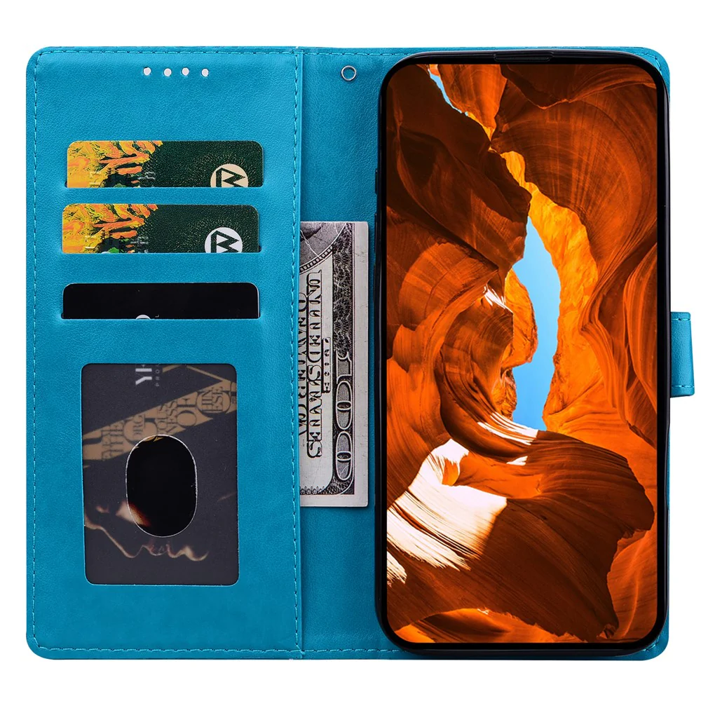 For iPhone 17 Pro Max Leather Case Imprinted Floral Pattern Wallet Stand Flip Phone Cover - Blue - Image 2