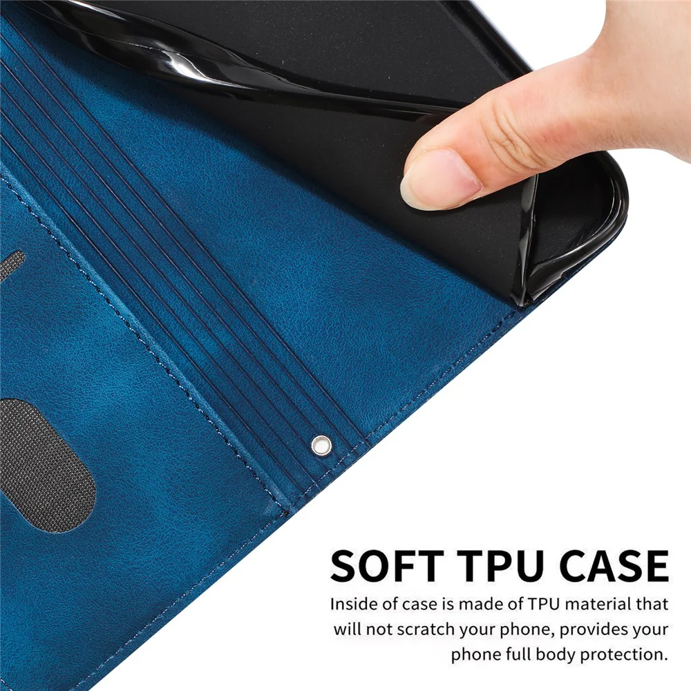 For iPhone 17 Pro Max Leather Case Imprinted Triangle Phone Cover with Hand Strap - Sapphire - Image 6
