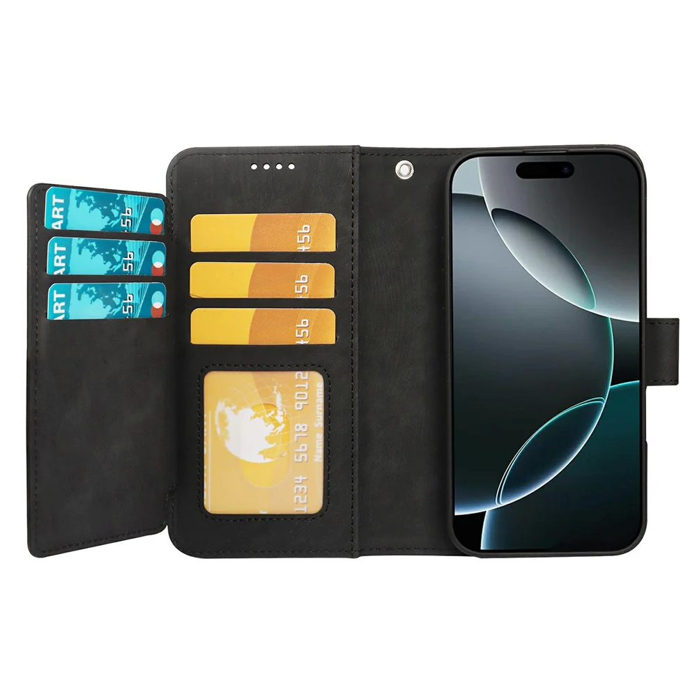 For iPhone 17 Pro Max Leather Case Line Pattern Wallet Phone Cover with 9 Card Slots - Black - Image 3