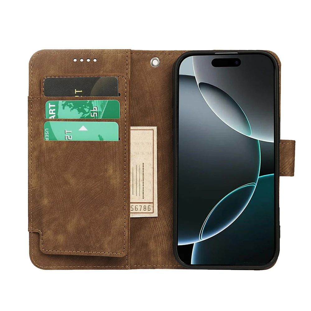 For iPhone 17 Pro Max Leather Case Line Pattern Wallet Phone Cover with 9 Card Slots - Brown - Image 2