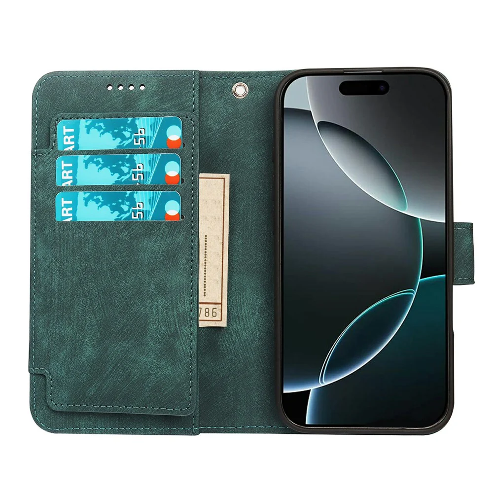 For iPhone 17 Pro Max Leather Case Line Pattern Wallet Phone Cover with 9 Card Slots - Green - Image 2