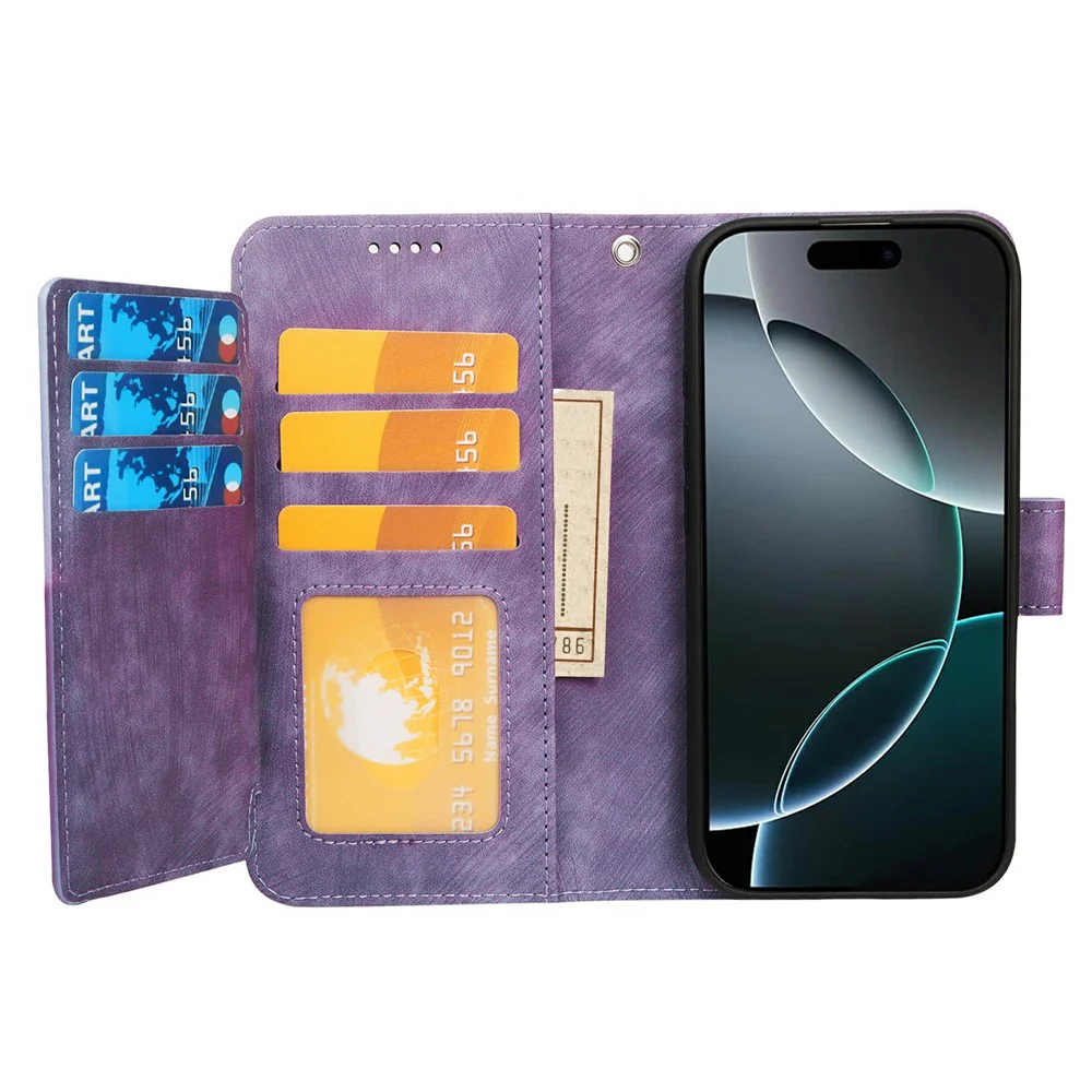 For iPhone 17 Pro Max Leather Case Line Pattern Wallet Phone Cover with 9 Card Slots - Purple - Image 3