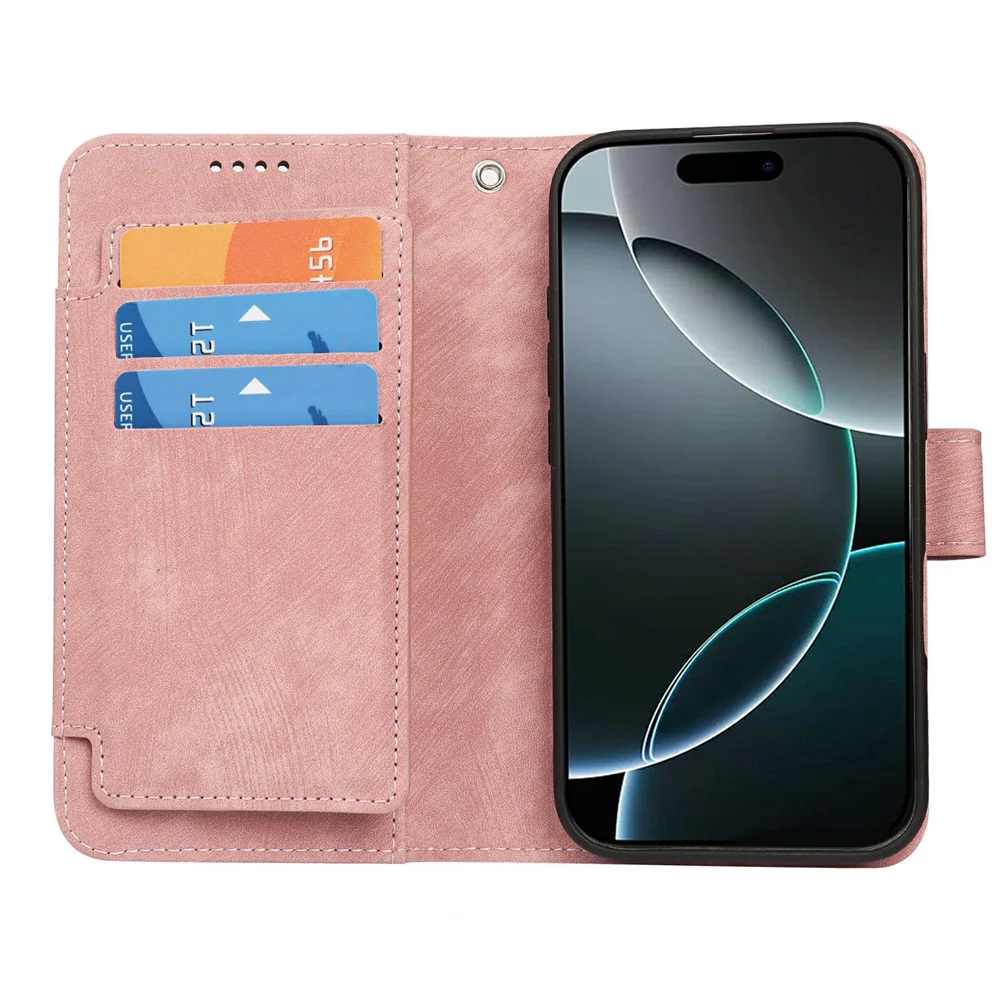 For iPhone 17 Pro Max Leather Case Line Pattern Wallet Phone Cover with 9 Card Slots - Rose Gold - Image 2