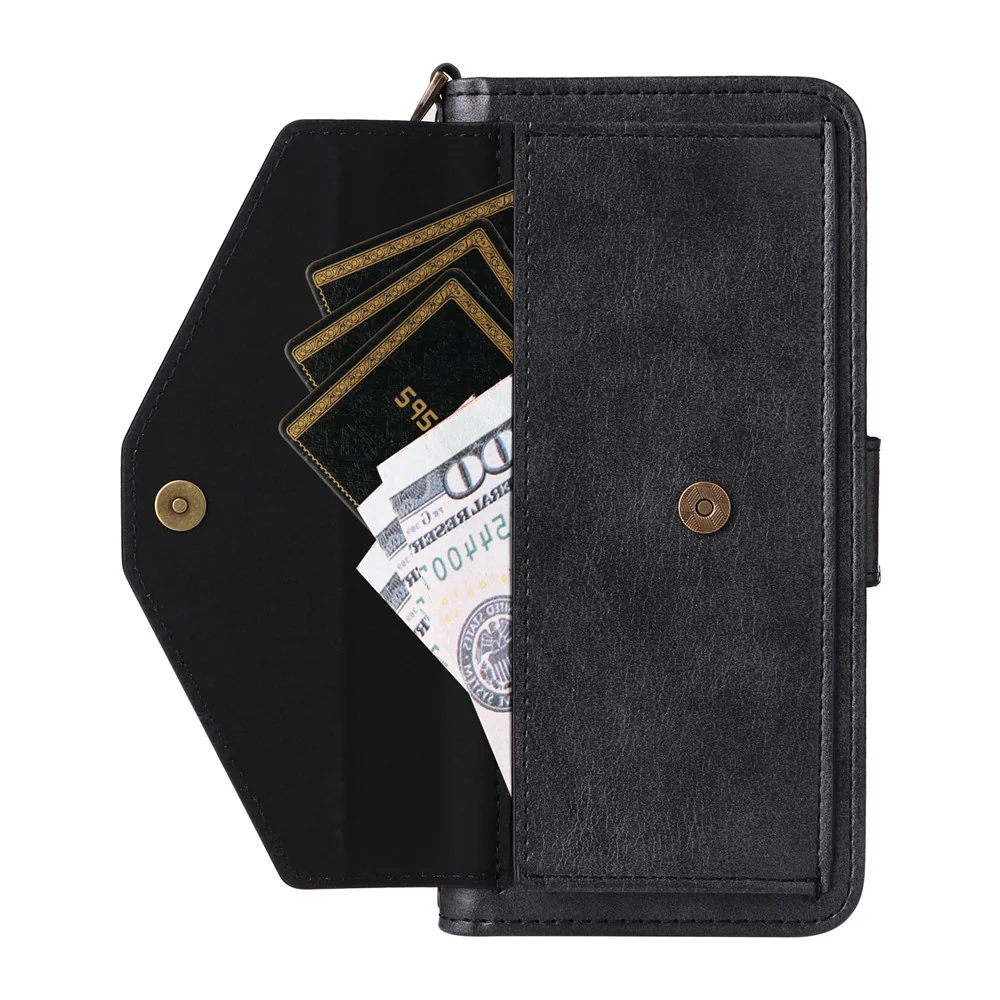 For iPhone 17 Pro Max Leather Case Magnetic Clasp Wallet Stand Phone Cover with Crossbody Strap - Black - Image 3