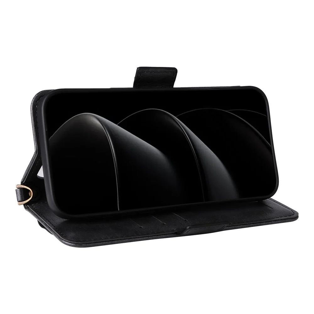 For iPhone 17 Pro Max Leather Case Magnetic Clasp Wallet Stand Phone Cover with Crossbody Strap - Black - Image 4