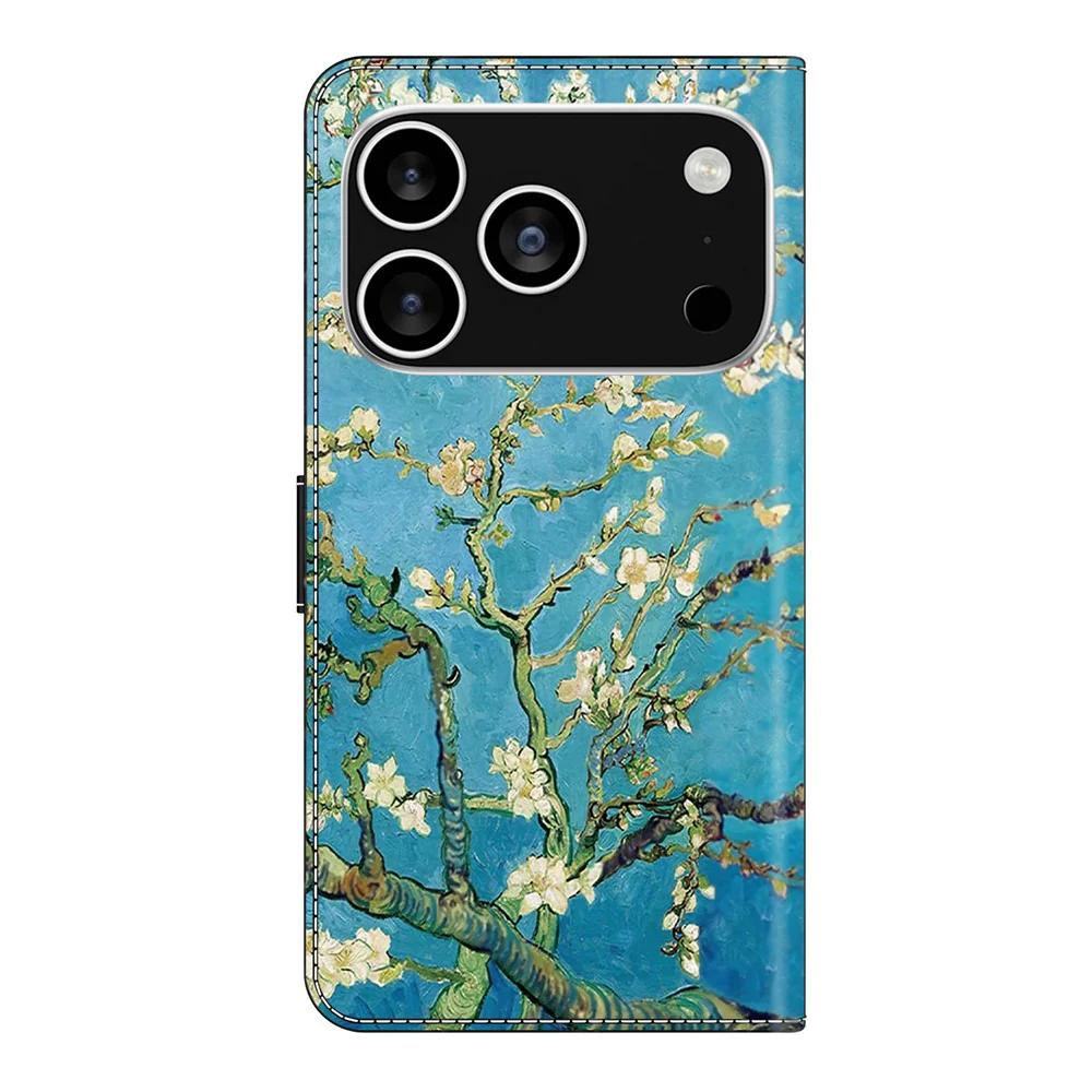 For iPhone 17 Pro Max Leather Case Pattern Printing Wallet Stand Flip Phone Cover - Apricot Blossom - Image 5