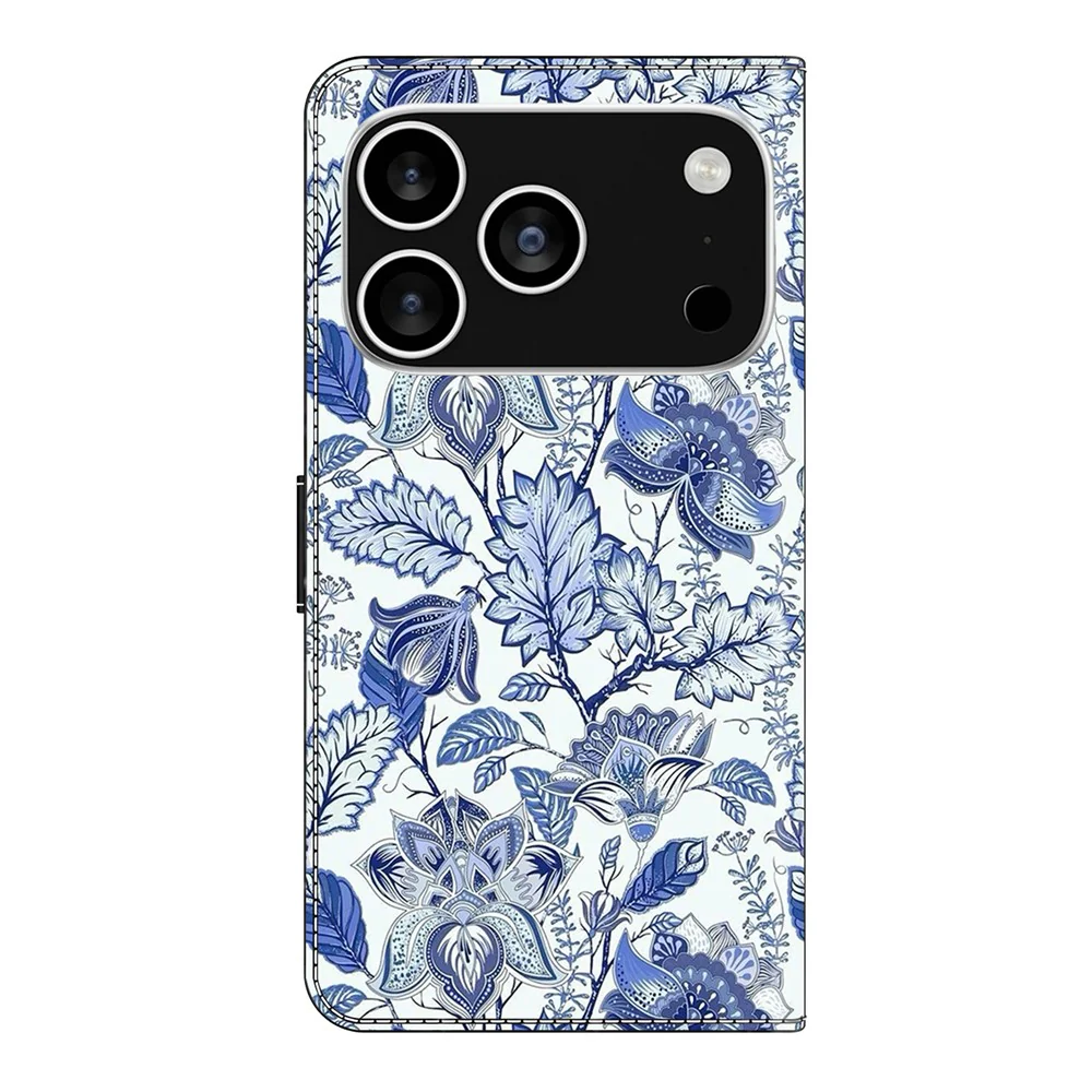 For iPhone 17 Pro Max Leather Case Pattern Printing Wallet Stand Flip Phone Cover - Blue Flower Bush - Image 5