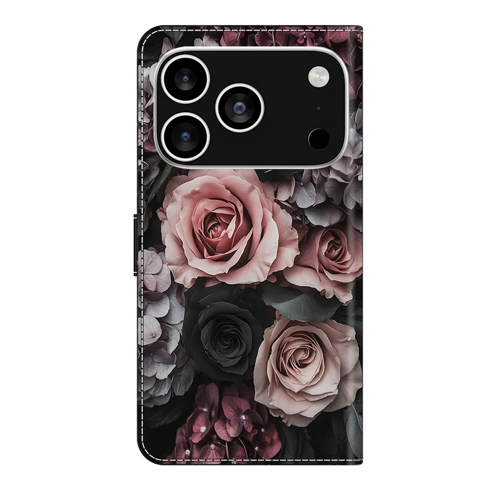 For iPhone 17 Pro Max Leather Case Pattern Printing Wallet Stand Flip Phone Cover - Chinese Rose - Image 5