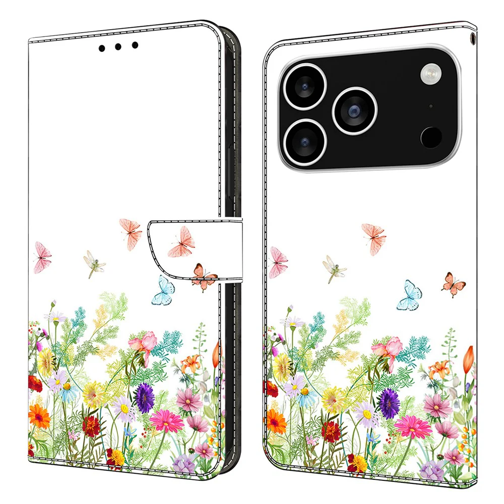 For iPhone 17 Pro Max Leather Case Pattern Printing Wallet Stand Flip Phone Cover - Flowers and Grass - Image 2