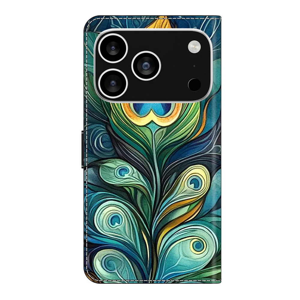 For iPhone 17 Pro Max Leather Case Pattern Printing Wallet Stand Flip Phone Cover - Green Feathers - Image 5