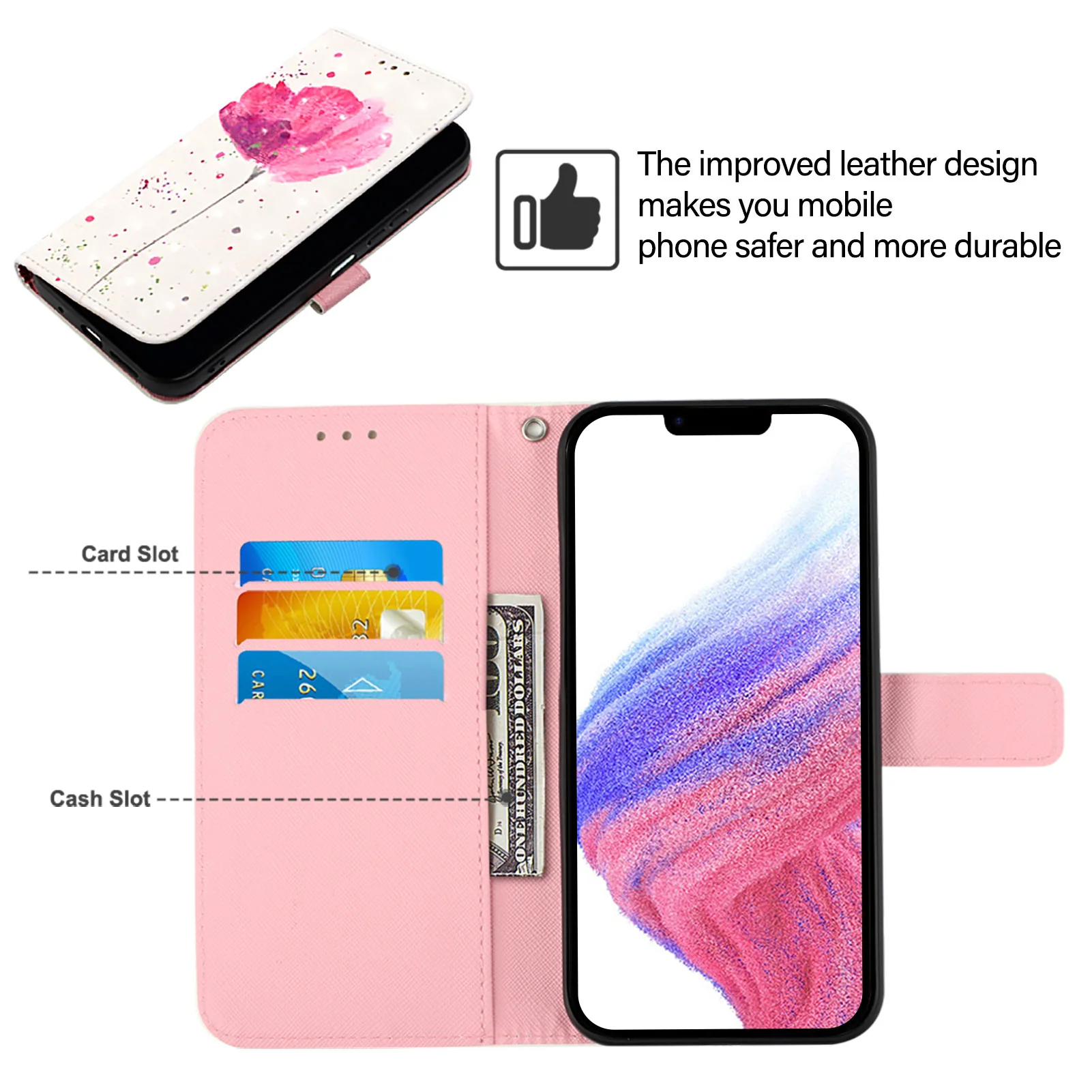 For iPhone 17 Pro Max Leather Case Pattern Printing Wallet Stand Mobile Cover with Strap - Flower - Image 3
