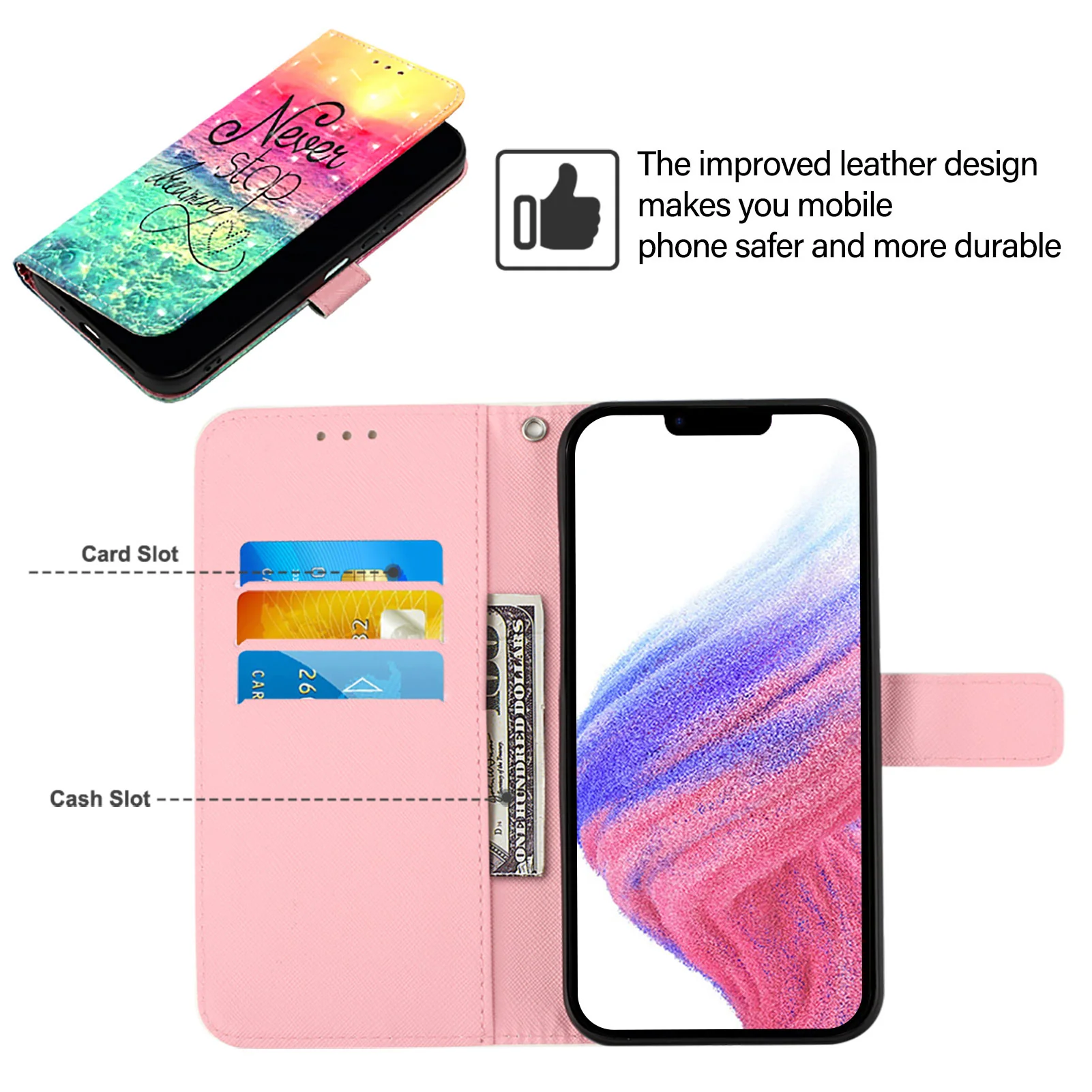 For iPhone 17 Pro Max Leather Case Pattern Printing Wallet Stand Mobile Cover with Strap - Never Stop Dreaming - Image 3