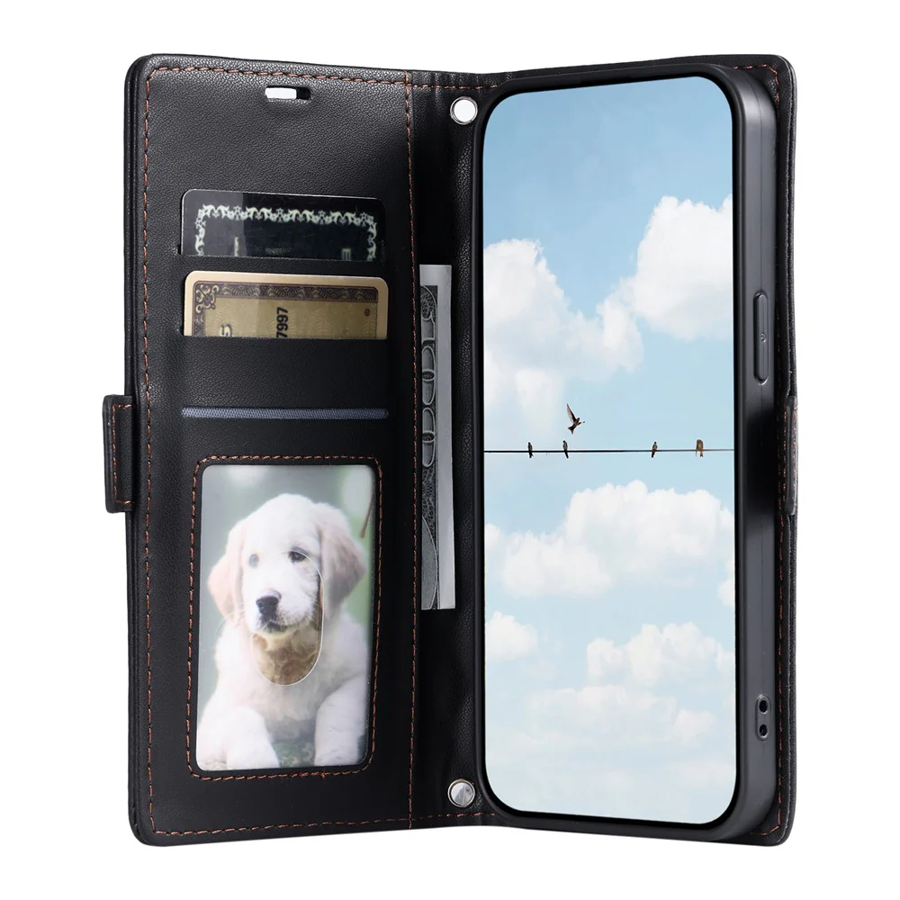 For iPhone 17 Pro Max Leather Case Rhombus Texture Wallet Stand Phone Cover with Wrist Strap - Black - Image 2